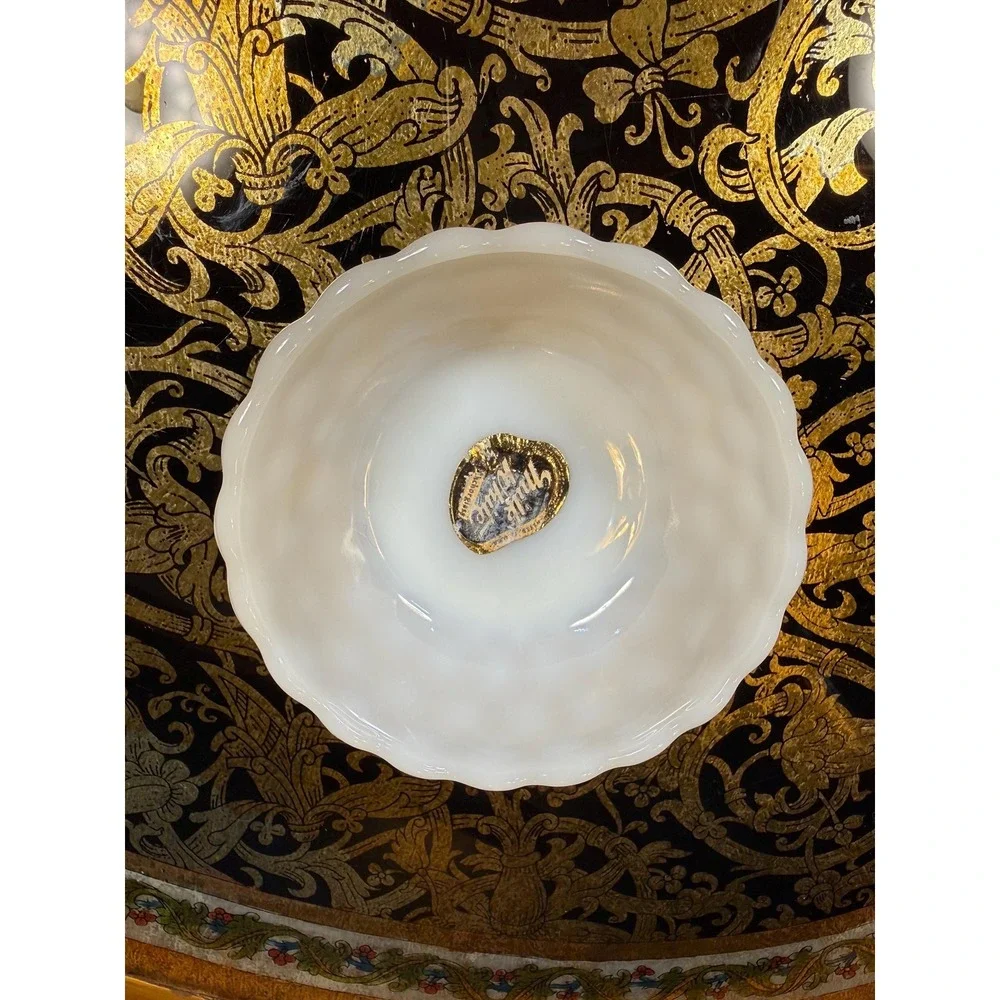 Vintage‎ Milk Glass Bowl with Label | Mid Century Scalloped White Dish 4.5